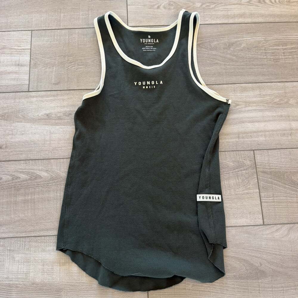 YoungLA Ribbed Tank Top Mens M Olive Green Cream